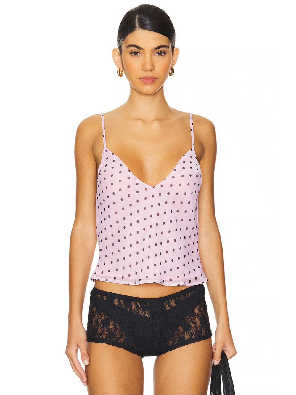 NWT Bella Venice Sila Slip Top in Pink & Black Polka Dot Cami Lined Layer V Neck